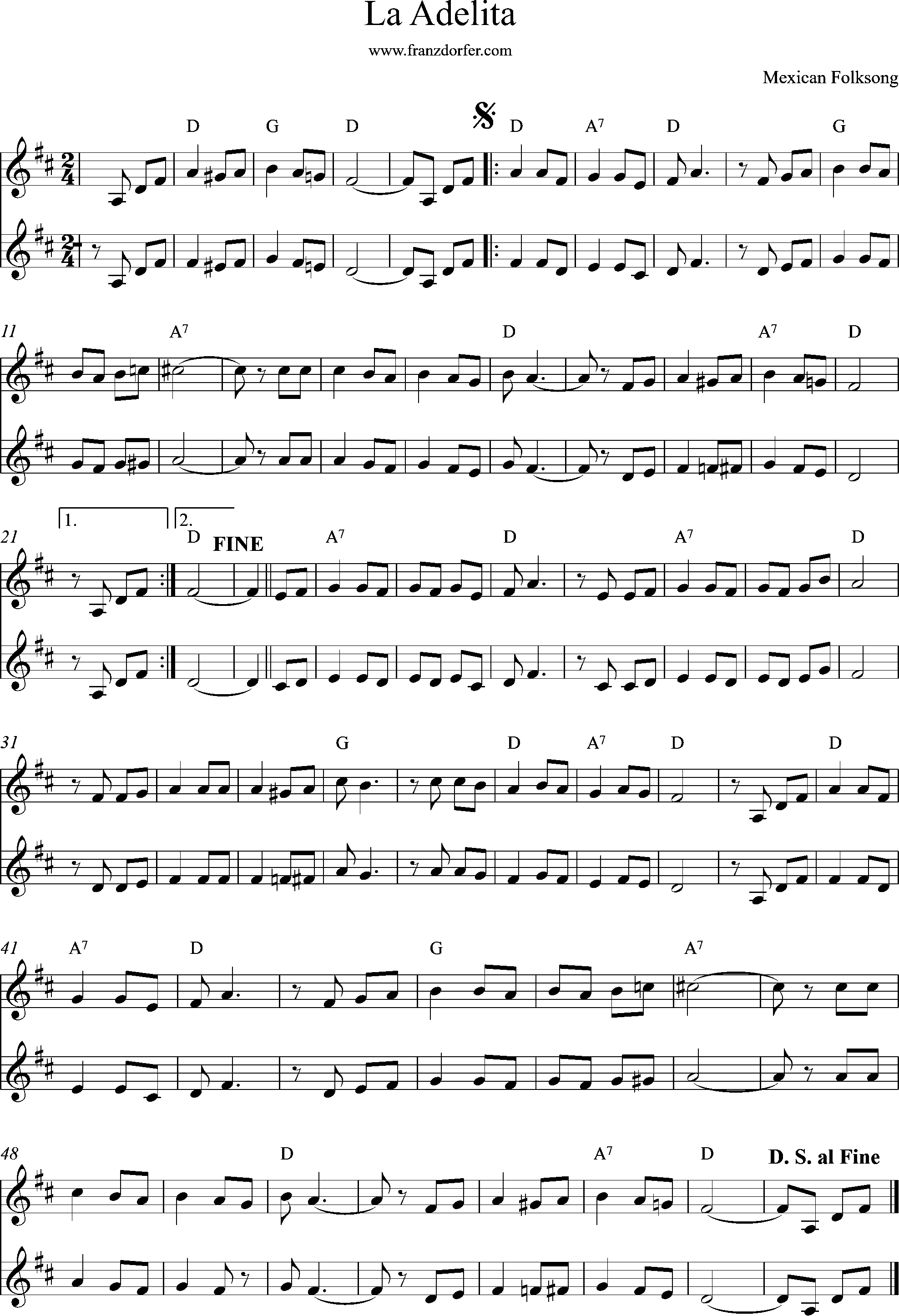 Trompetennoten, La Adelita, D-Dur trumpet duo, La Adelita